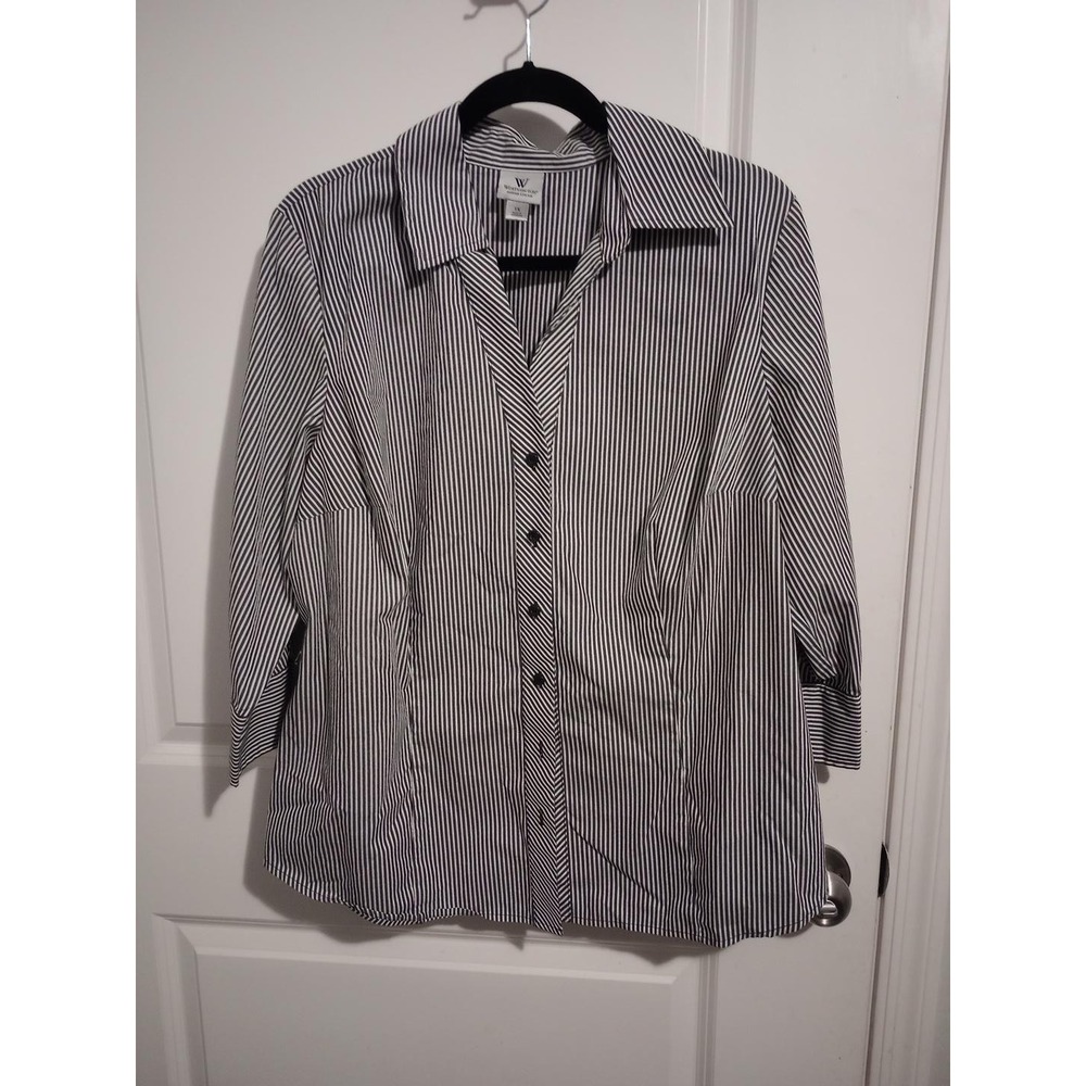 Worthington Woman Stretch 1X Black White Striped Button Down Blouse 3/4 Sleeve